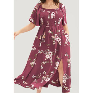 BLOOMCHIC 14-16 1x Red Violet Floral Square Neck Shirred Split Dress NWT B70